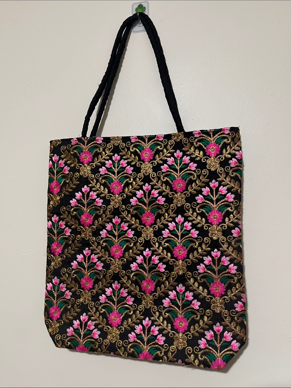 Embroidered Black Floral Tote Bag with Pink Accents